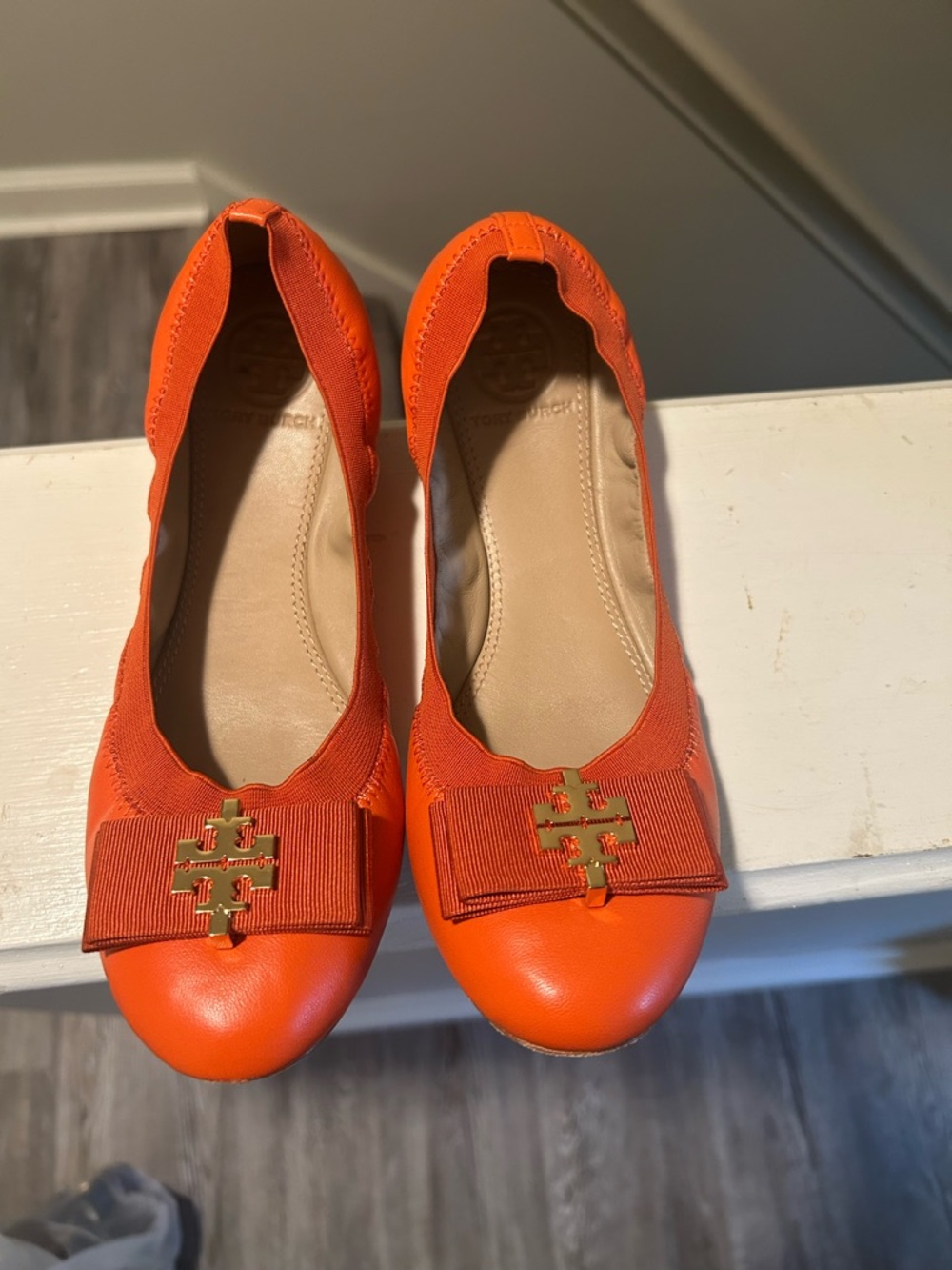 Tory Burch Bright Orange Logo Bow Flats